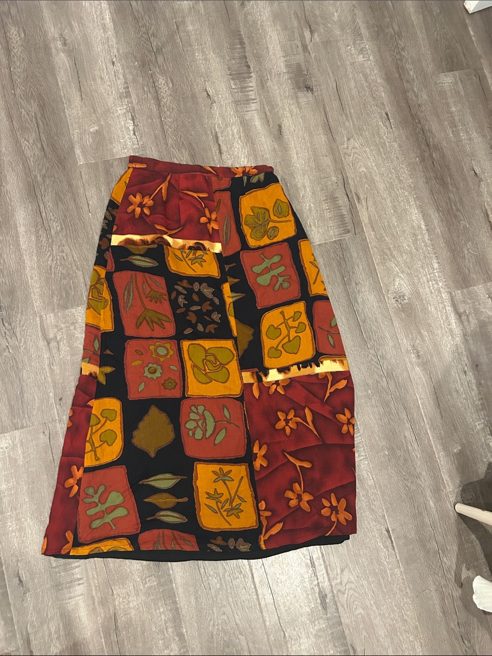 Patchwork Floral Maxi Skirt in Rust Red, Mustard & Black